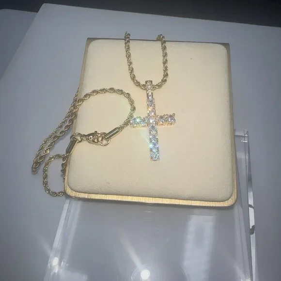 Cubic Zirconia Cross Pendant Necklace Gold Plate Stainless Steel - Picture 2 of 8